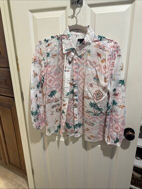Ann Taylor White Tropical Print Button-Front Blouse